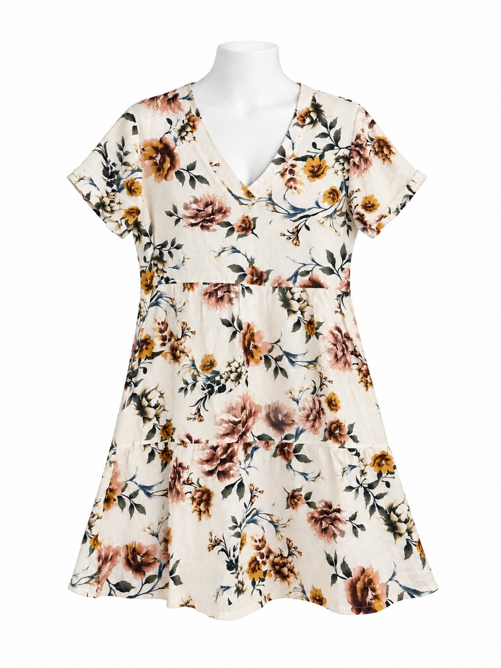 Size L Francesca Bettini Women’s 100% Linen Floral Tiered Dress Made in Italy